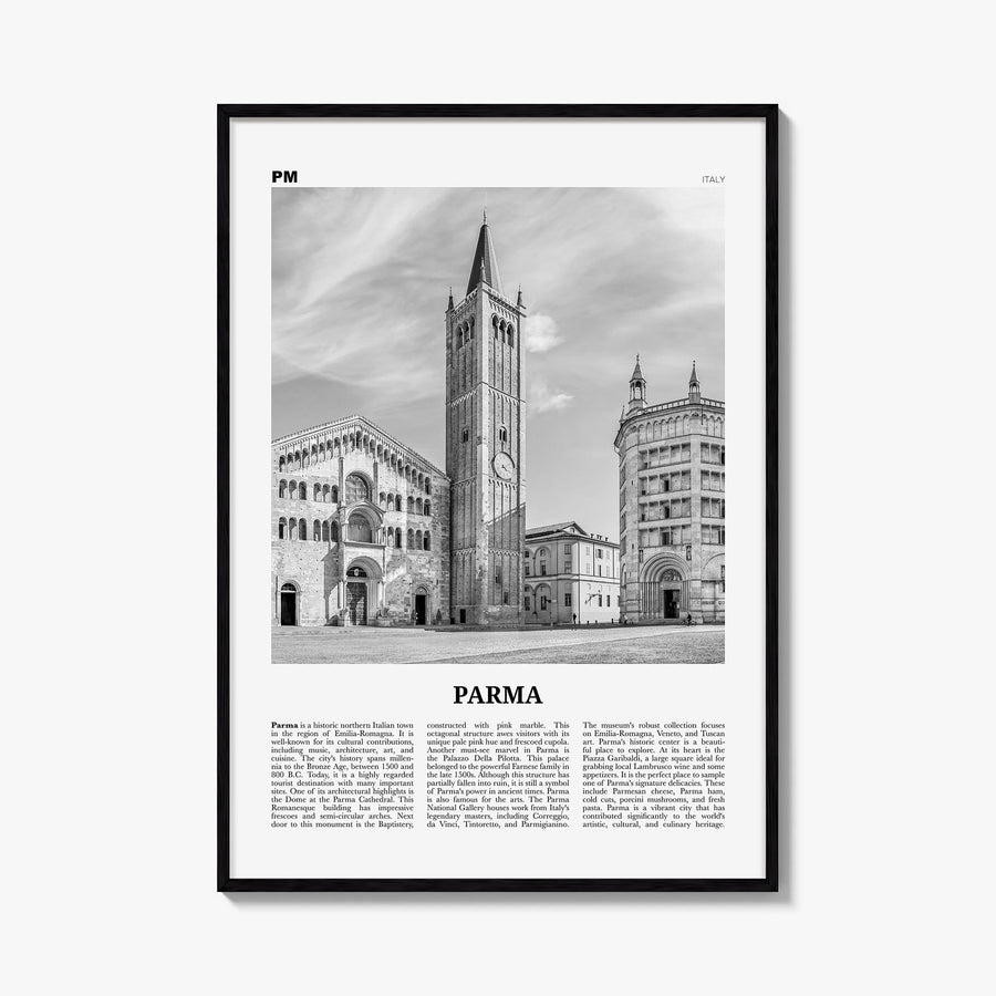 Parma black & white newspaper poster of Italy – vertical wall art, unframed print shown in interior mockup