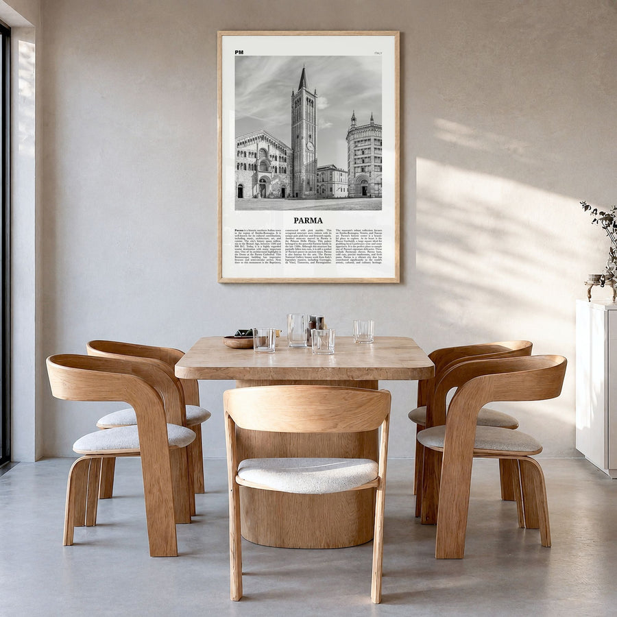 Parma Newspaper Poster in a natural wood frame, hanging in a dining room