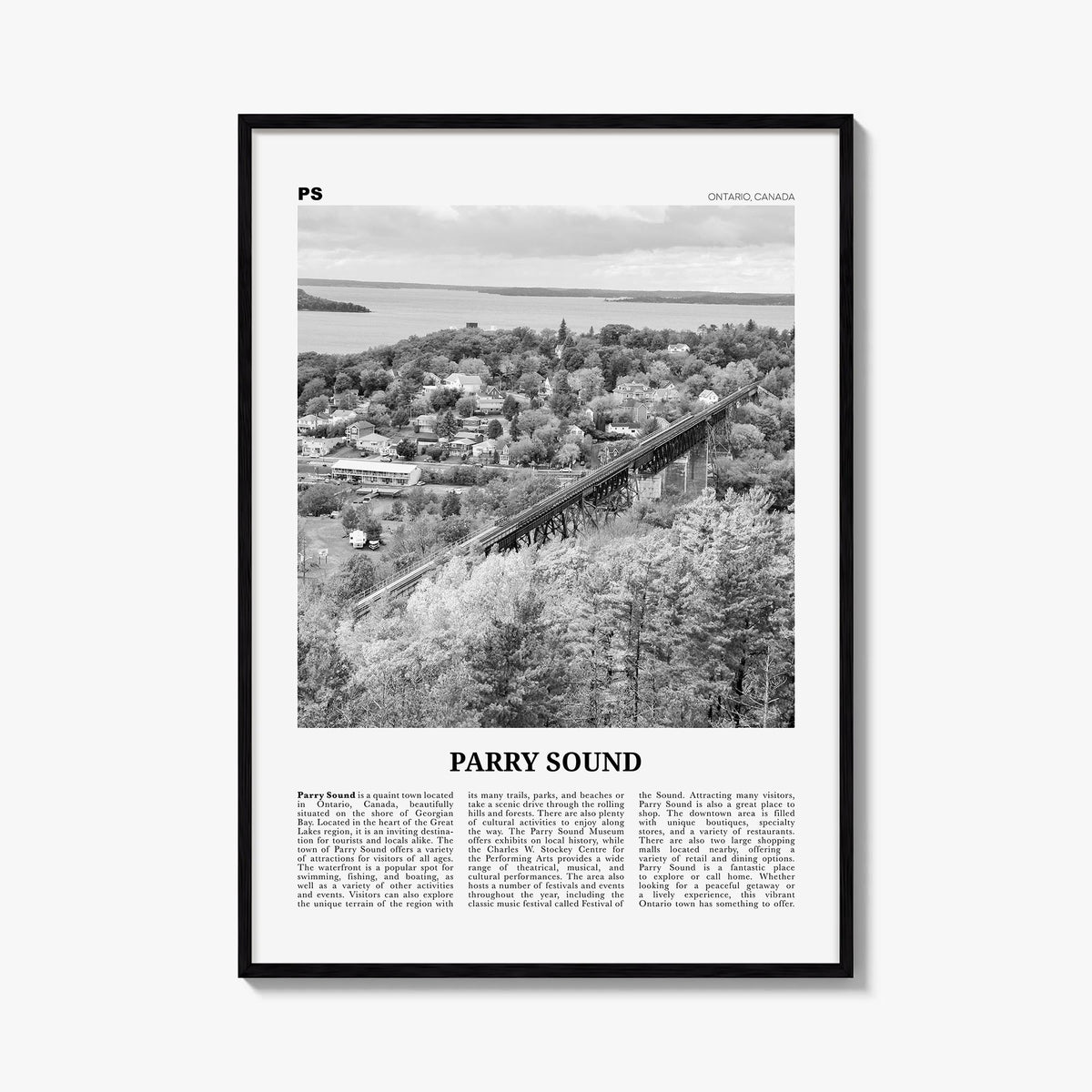 Parry Sound black & white newspaper poster of Canada – vertical wall art, unframed print shown in interior mockup