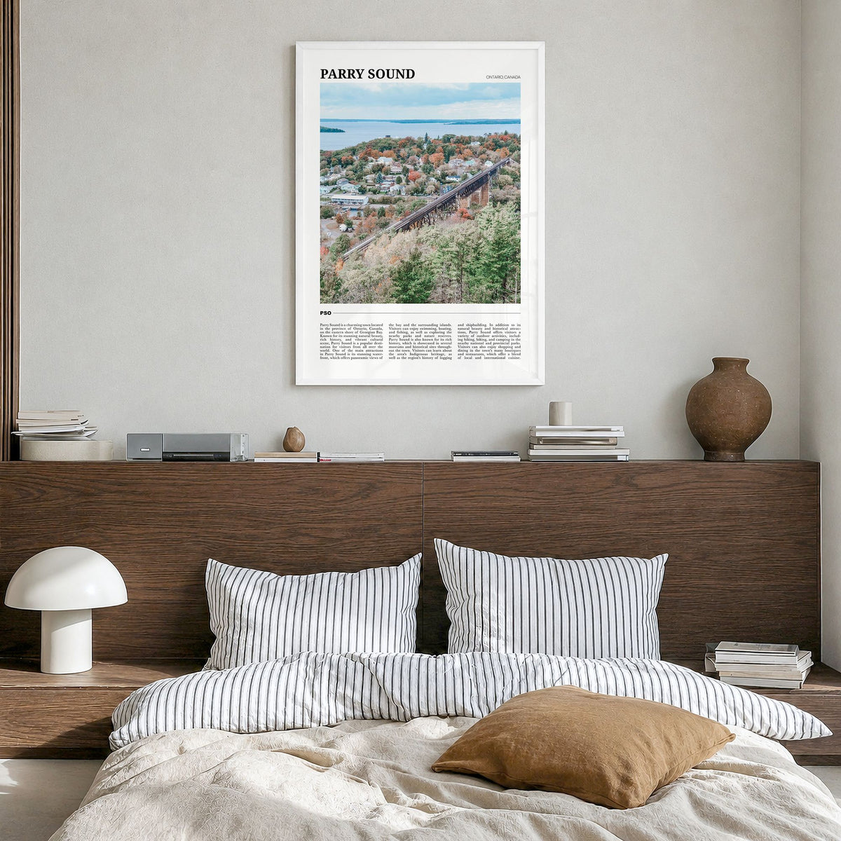 Parry Sound Travel Poster in a white wood frame, hanging in a bedroom