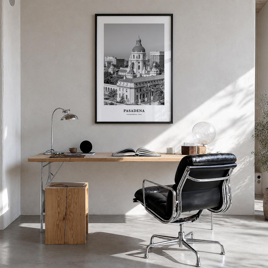 Pasadena black & white classic poster of California, USA – vertical wall art in black wood frame, hanging on wall