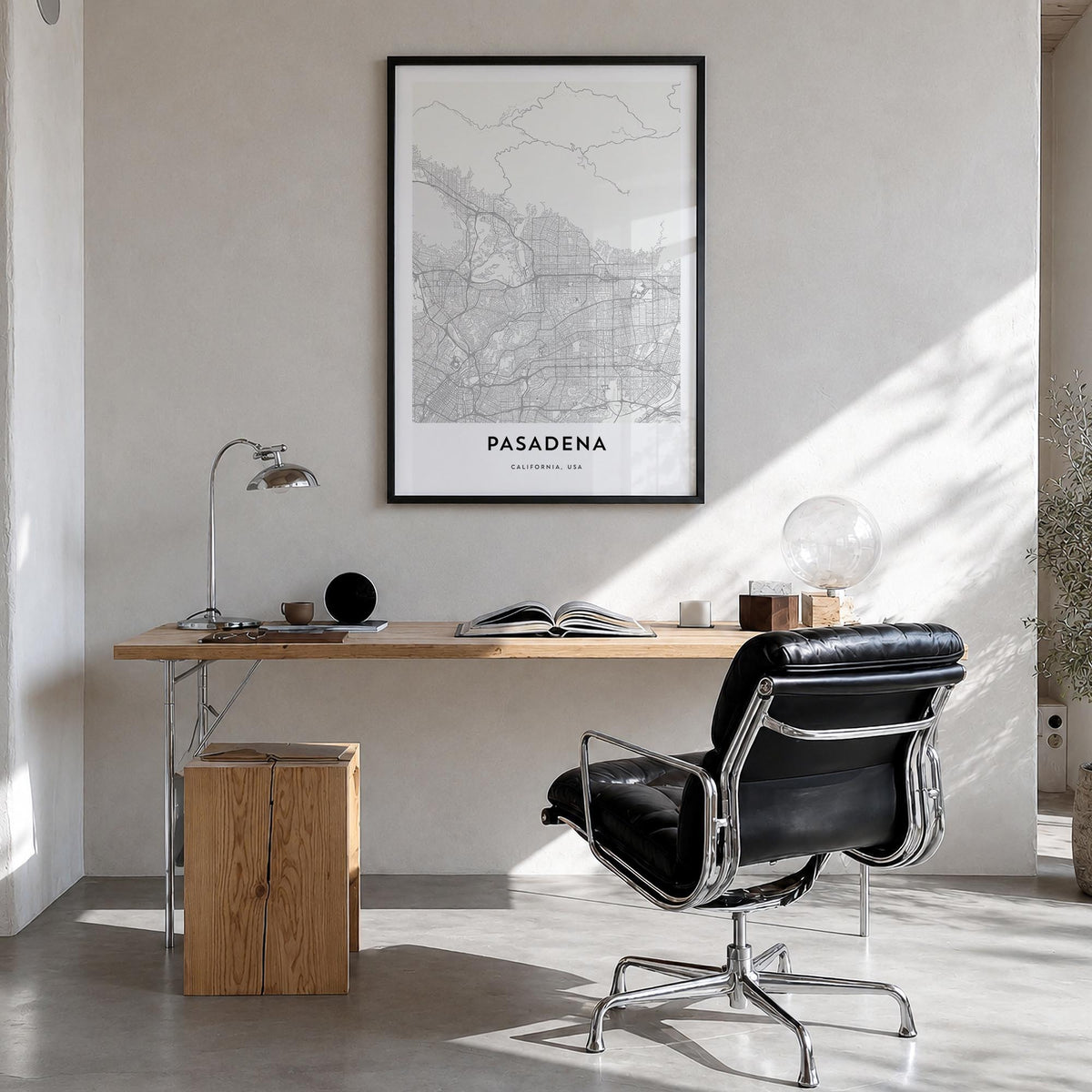 Pasadena black & white map poster of California, USA – vertical wall art in black wood frame, hanging on wall