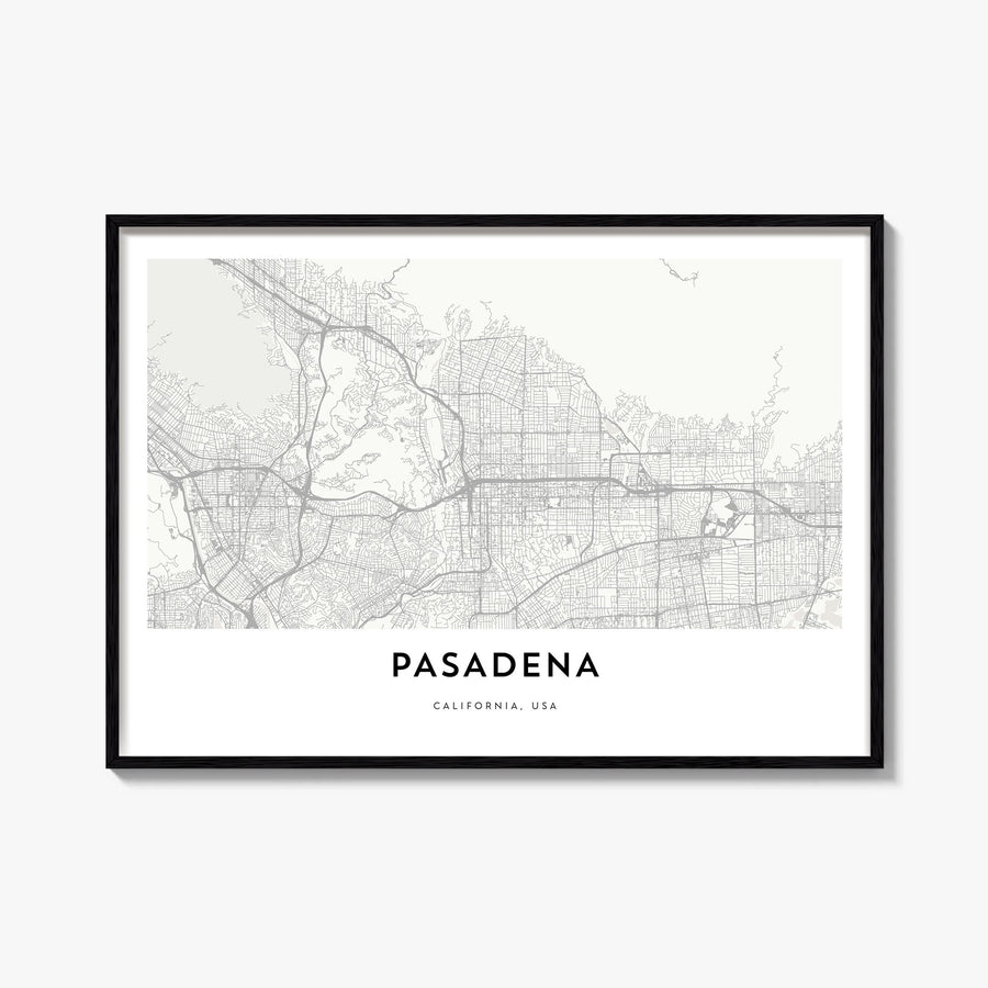 Pasadena black & white map poster of California, USA – horizontal wall art, unframed print shown in interior mockup