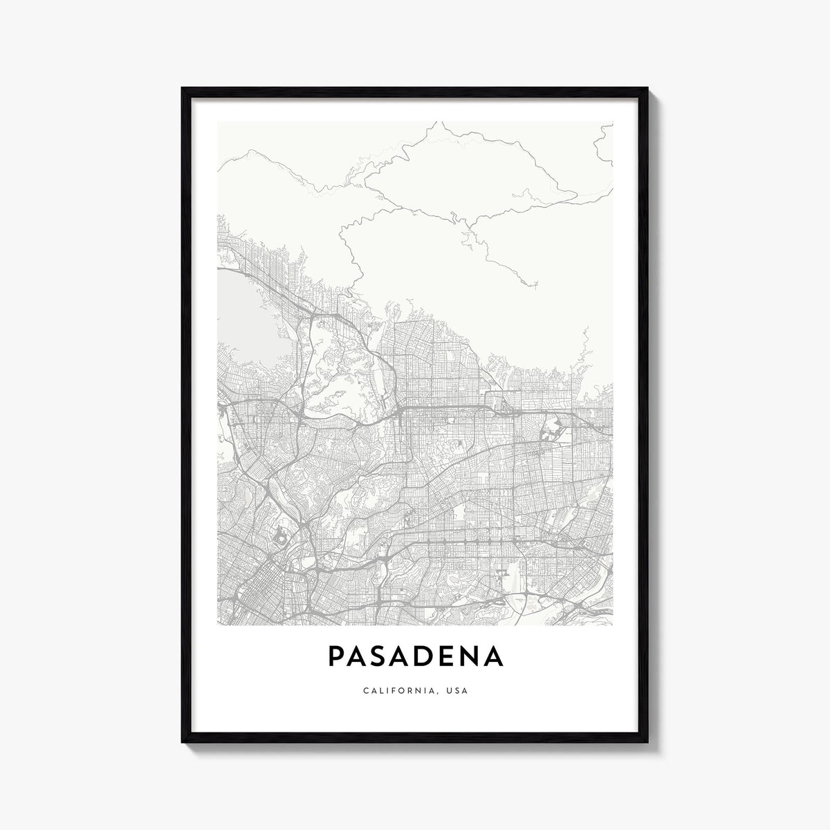 Pasadena black & white map poster of California, USA – vertical wall art, unframed print shown in interior mockup