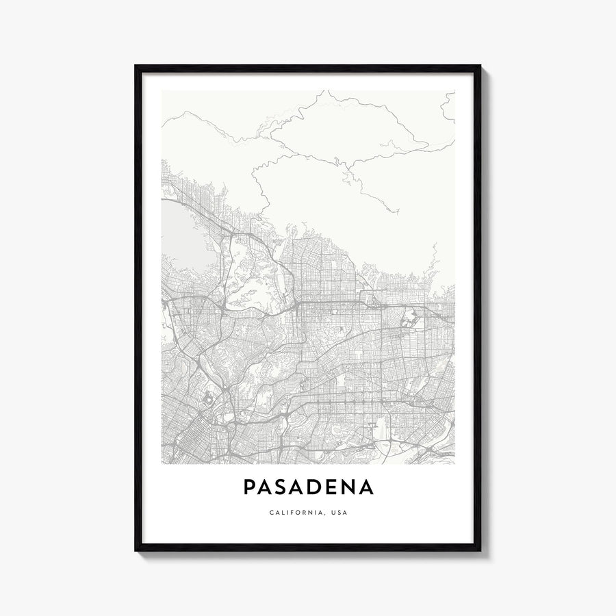 Pasadena black & white map poster of California, USA – vertical wall art, unframed print shown in interior mockup