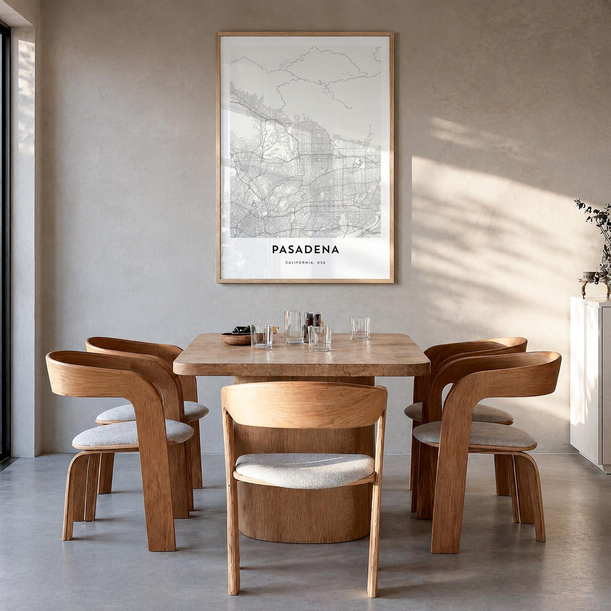 Pasadena black & white map poster of California, USA – vertical wall art in natural wood frame, hanging on wall