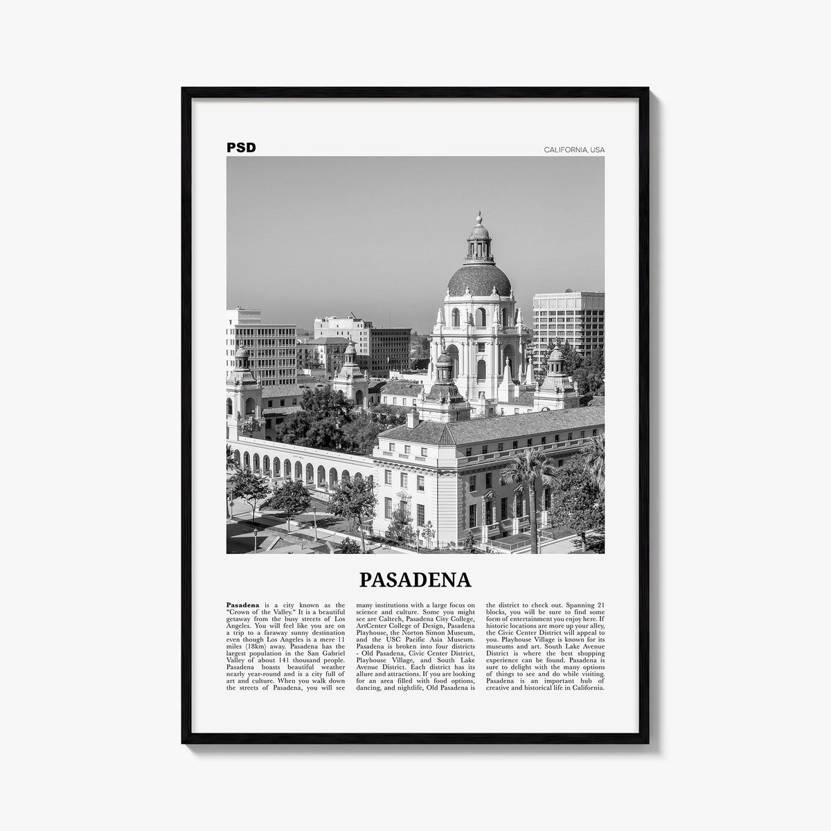 Pasadena black & white newspaper poster of California, USA – vertical wall art, unframed print shown in interior mockup