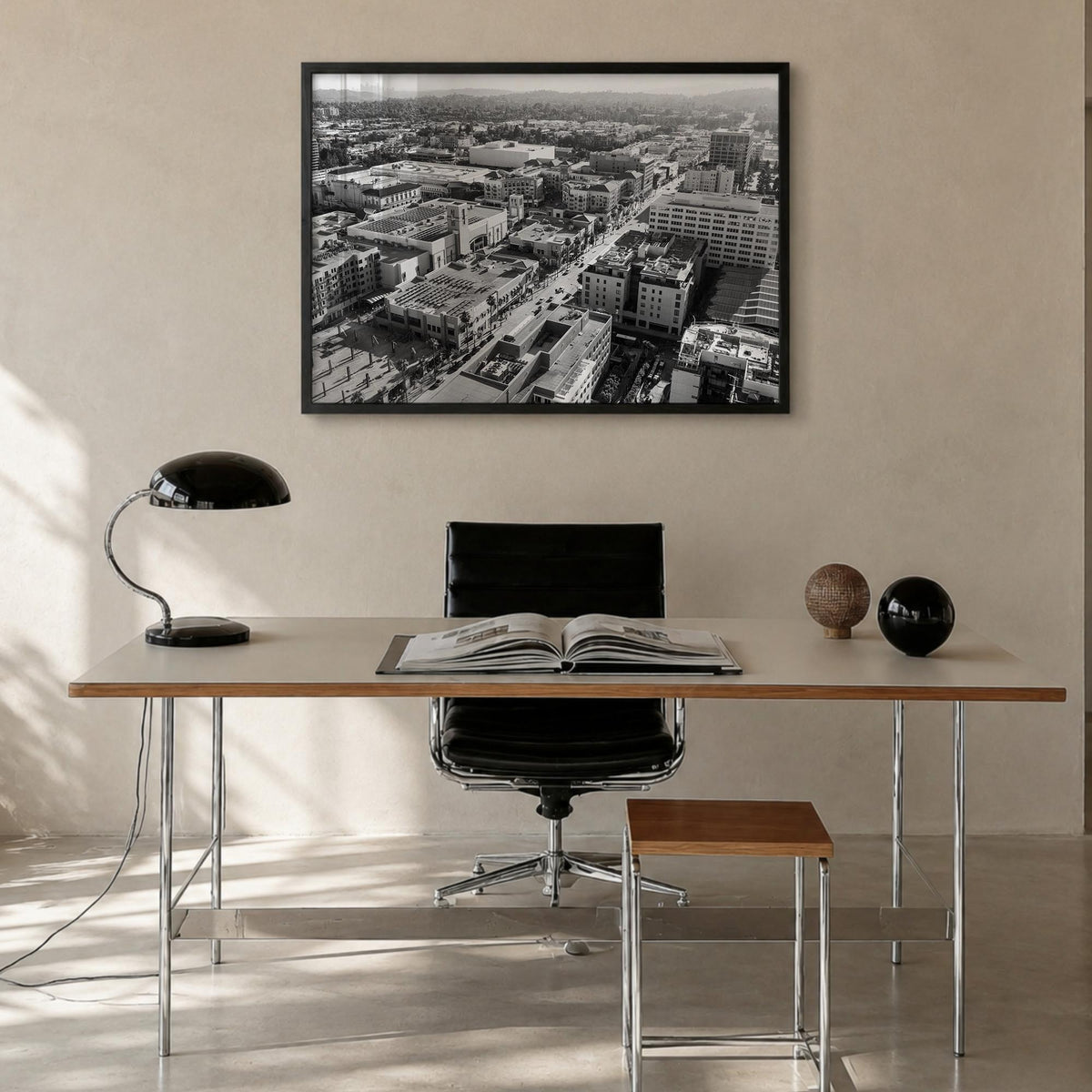 Pasadena black & white photo poster of California, USA – horizontal wall art in black wood frame, hanging on wall