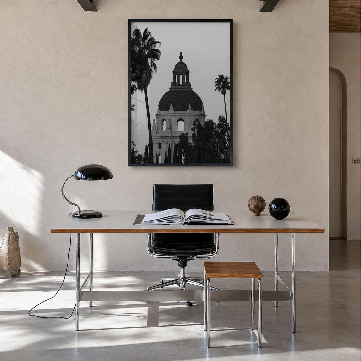 Pasadena black & white photo poster of California, USA – vertical wall art in black wood frame, hanging on wall