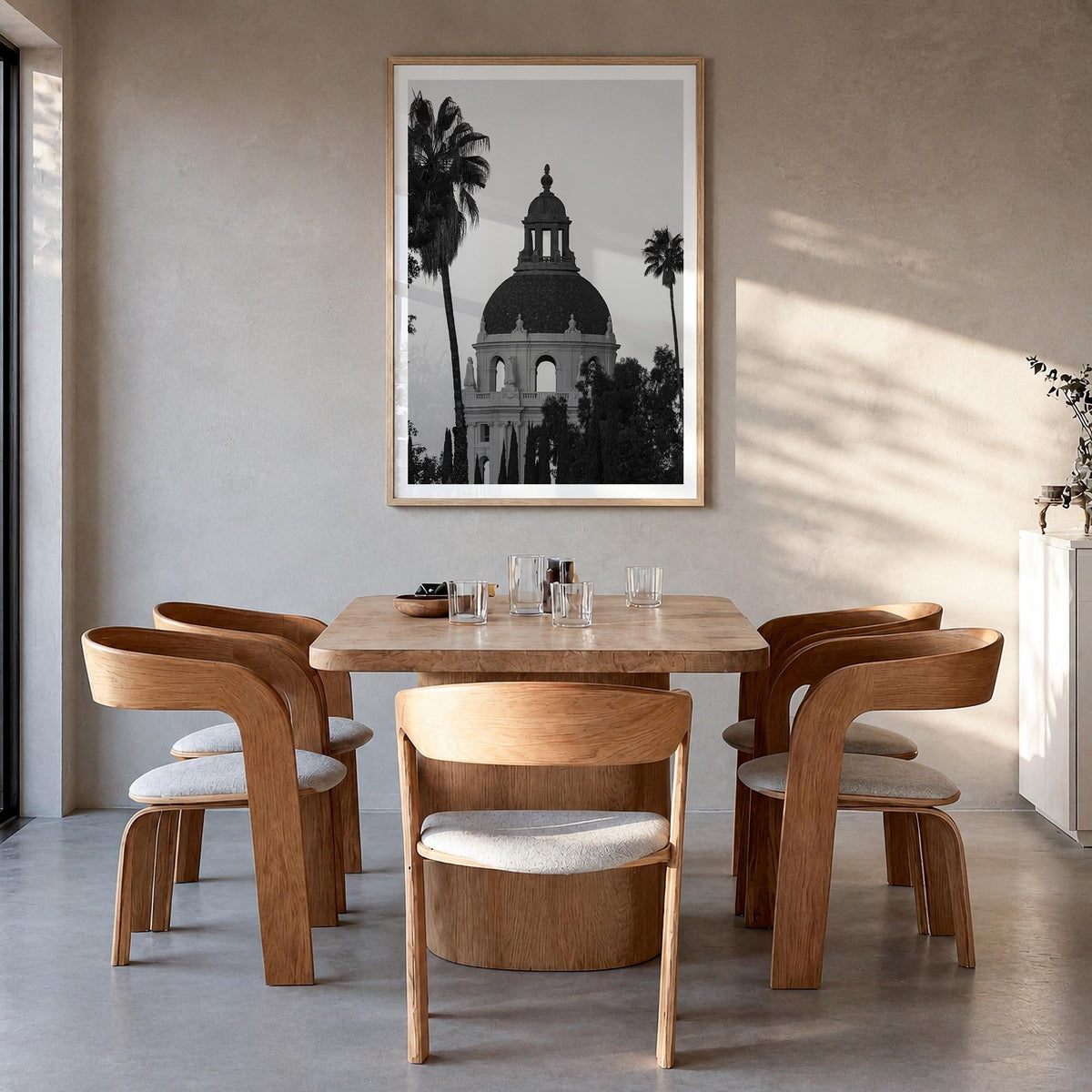Pasadena black & white photo poster of California, USA – vertical wall art in natural wood frame with white border, hanging o