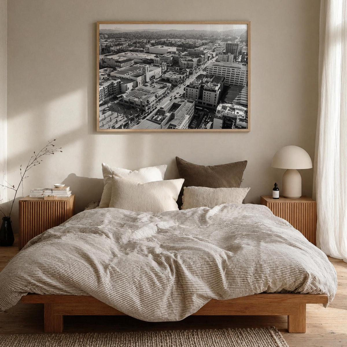 Pasadena black & white photo poster of California, USA – horizontal wall art in natural wood frame, hanging on wall
