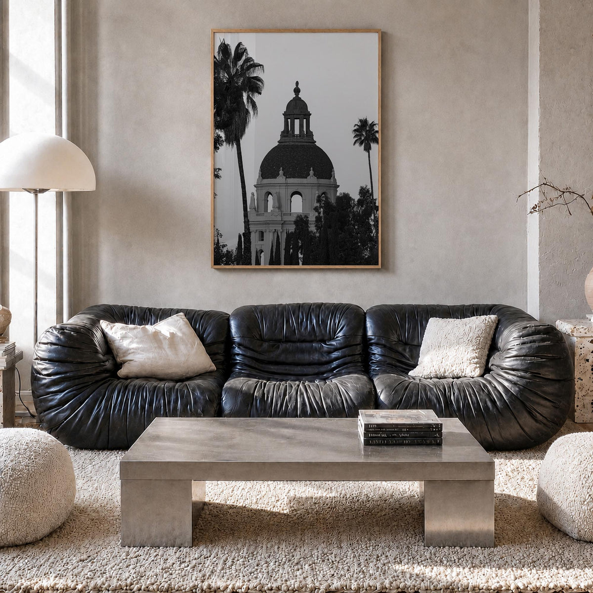 Pasadena black & white photo poster of California, USA – vertical wall art in natural wood frame, hanging on wall