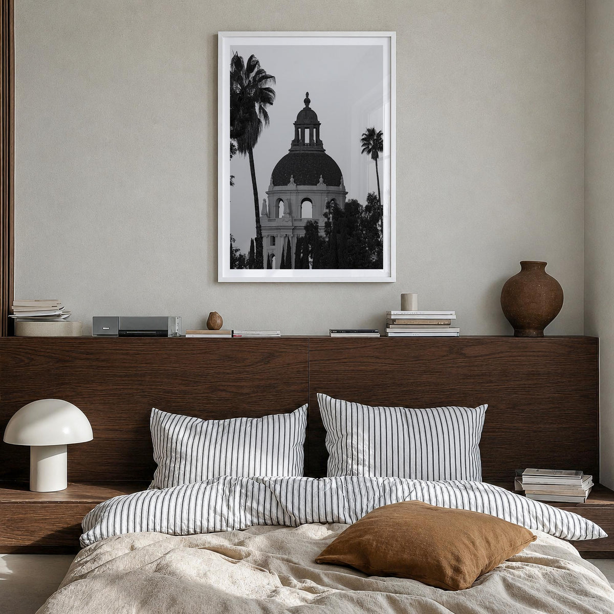 Pasadena black & white photo poster of California, USA – vertical wall art in white wood frame with white border, hanging on 
