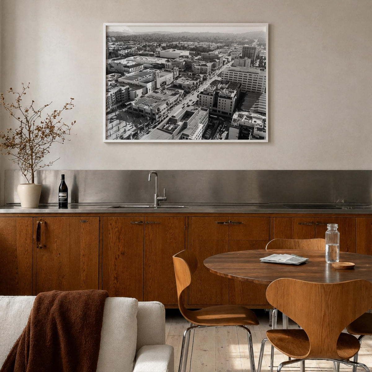 Pasadena black & white photo poster of California, USA – horizontal wall art in white wood frame, hanging on wall