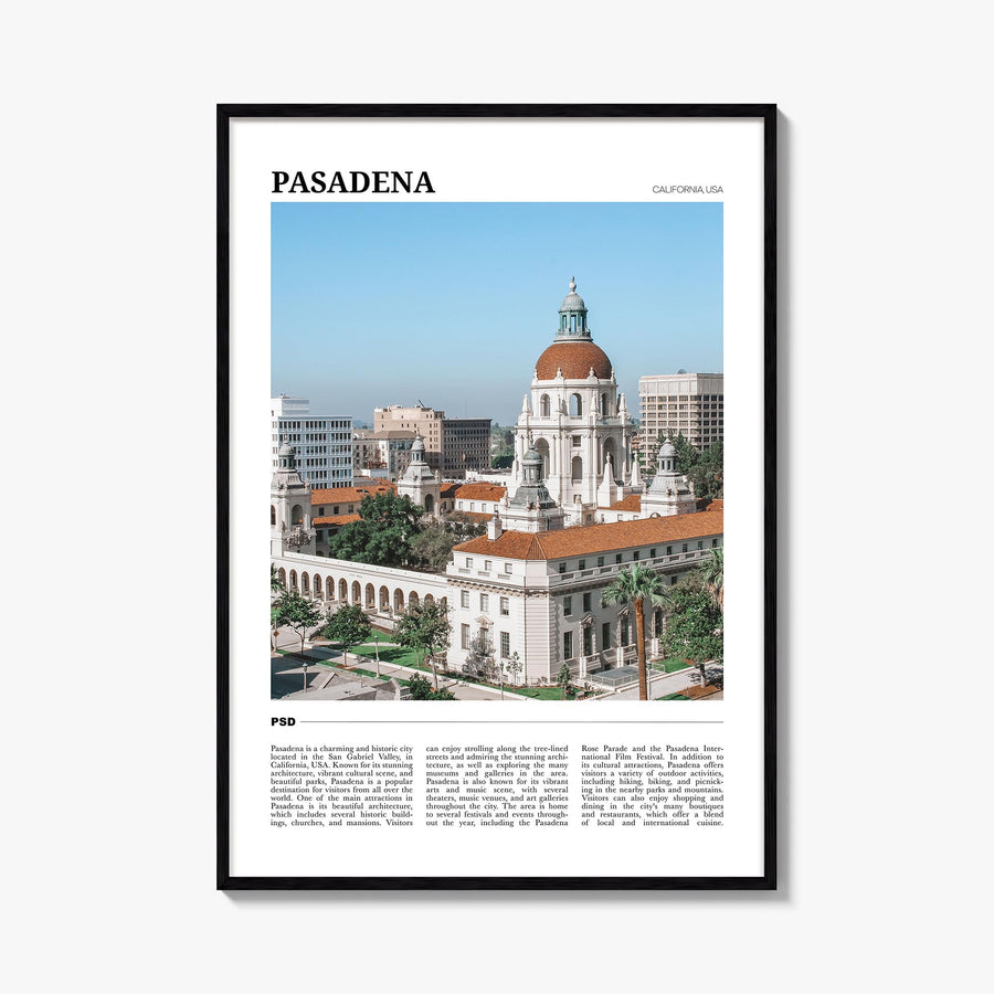Pasadena colorful travel poster of California, USA – vertical wall art, unframed print shown in interior mockup