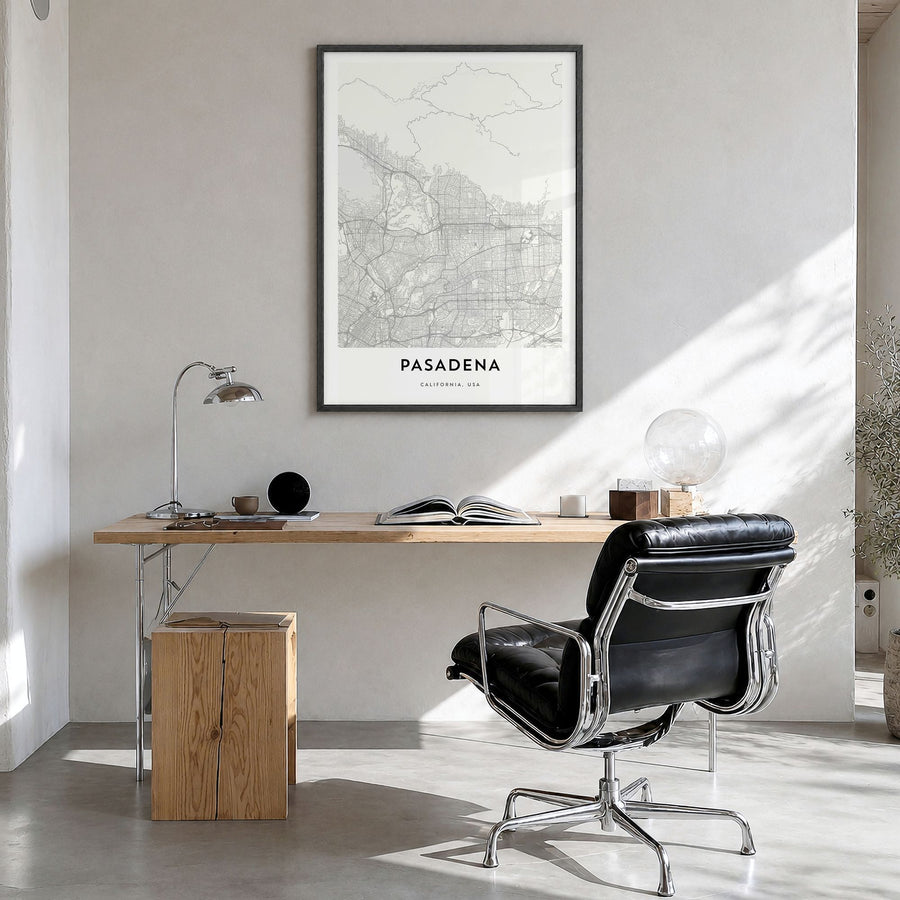 Pasadena Map Poster in a black wood frame, hanging in a bright home office