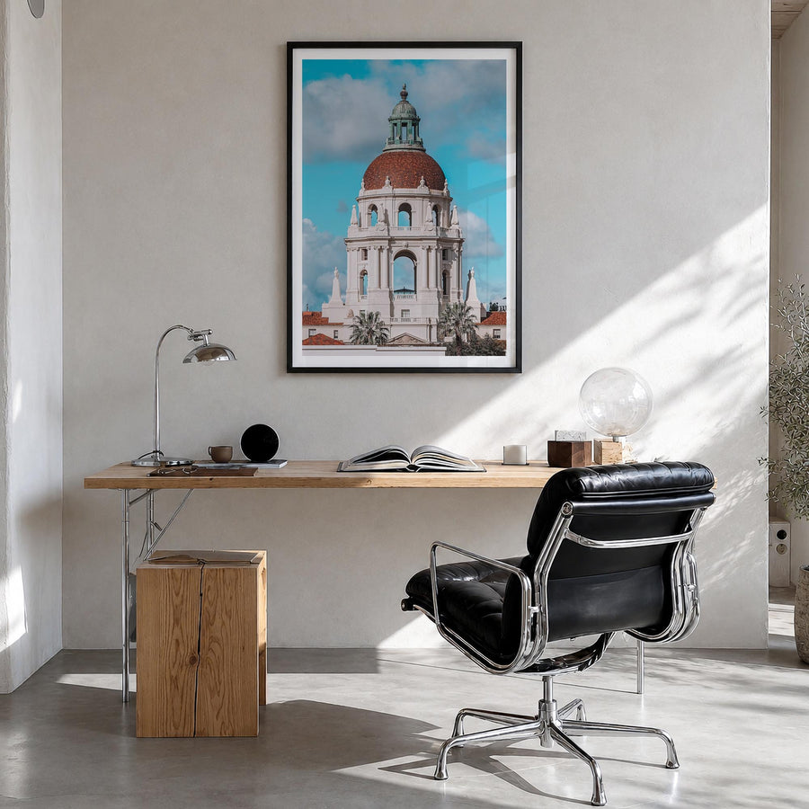 Pasadena no. 1 colorful photo poster of California, USA – vertical wall art in black wood frame with white border, hanging on