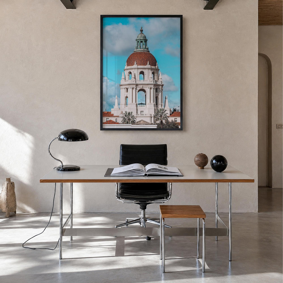 Pasadena no. 1 colorful photo poster of California, USA – vertical wall art in black wood frame, hanging on wall