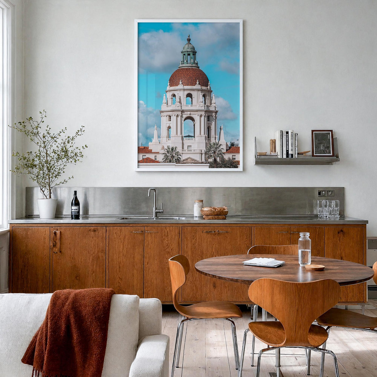 Pasadena no. 1 colorful photo poster of California, USA – vertical wall art in white wood frame, hanging on wall