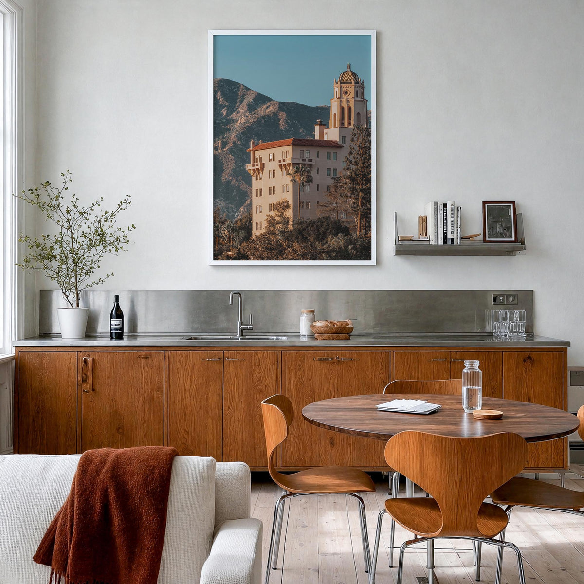 Pasadena no. 3 colorful photo poster of California, USA – vertical wall art in white wood frame, hanging on wall