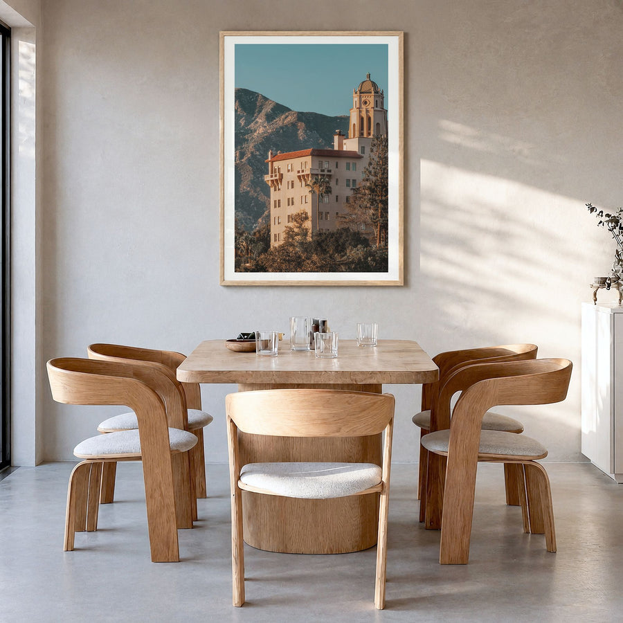 Pasadena Photo No 3 Poster in a natural wood frame, hanging in a dining room, white border