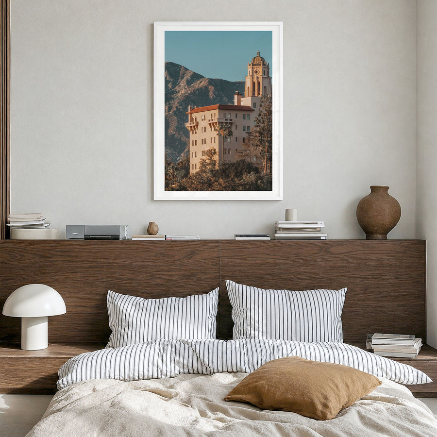 Pasadena Photo No 3 Poster in a white wood frame, hanging in a bedroom, white border