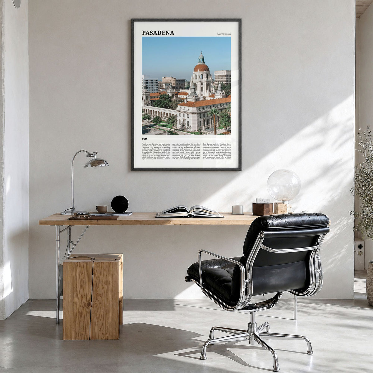 Pasadena Travel Poster in a black wood frame, hanging in a bright home office
