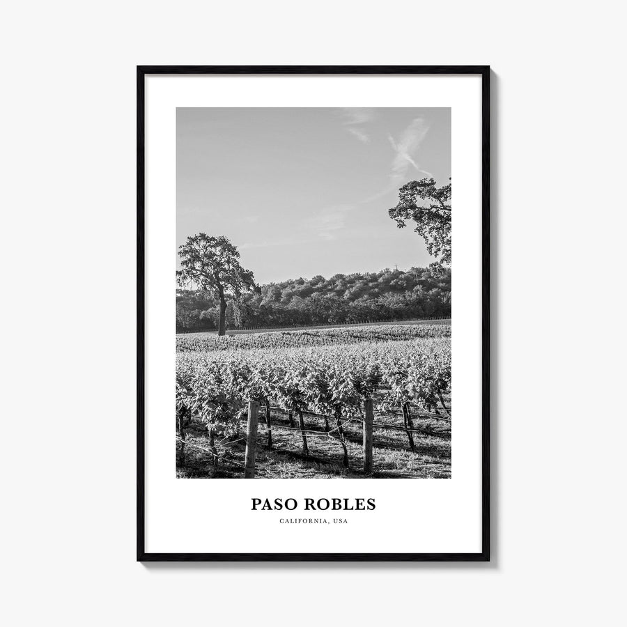 Paso Robles black & white classic poster of California, USA – vertical wall art, unframed print shown in interior mockup