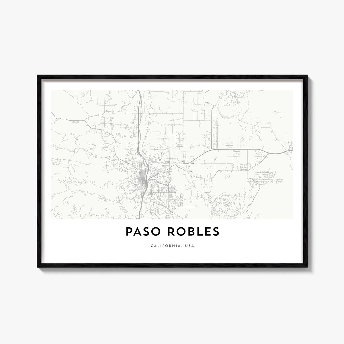 Paso Robles black & white map poster of California, USA – horizontal wall art, unframed print shown in interior mockup