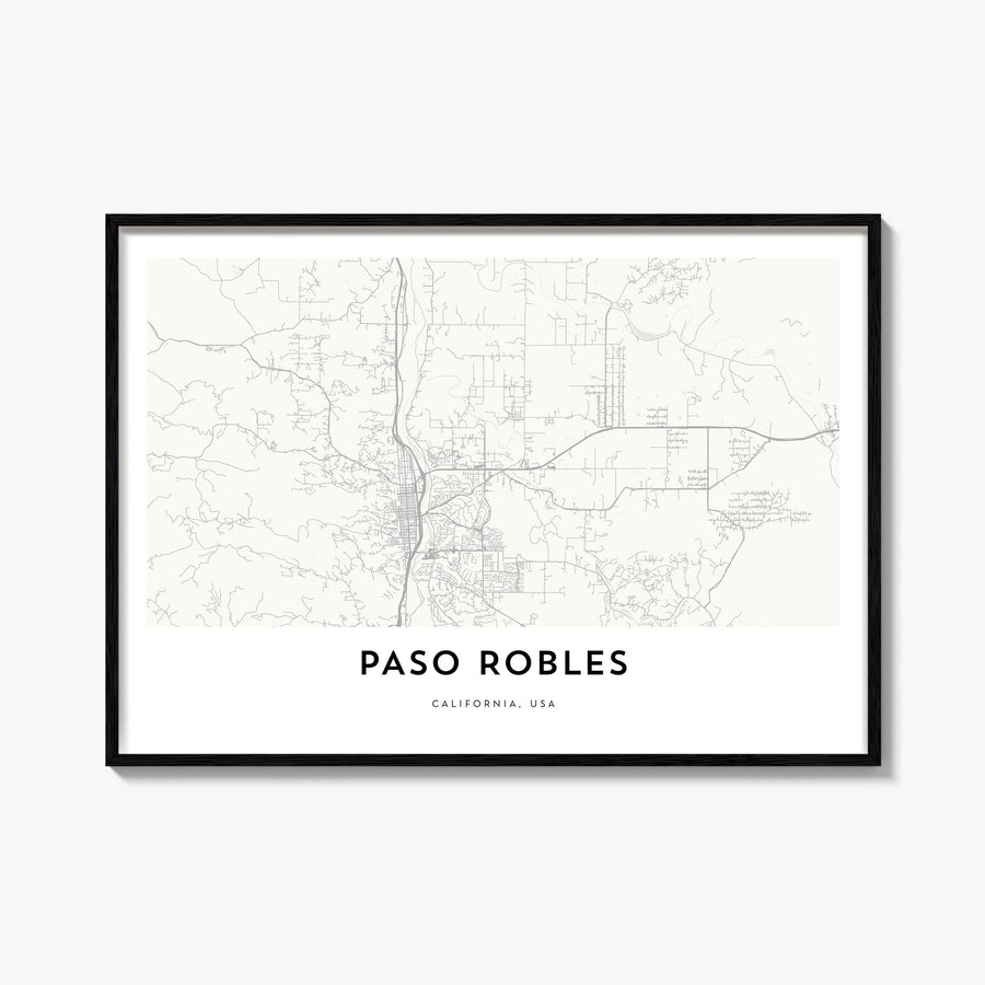 Paso Robles black & white map poster of California, USA – horizontal wall art, unframed print shown in interior mockup
