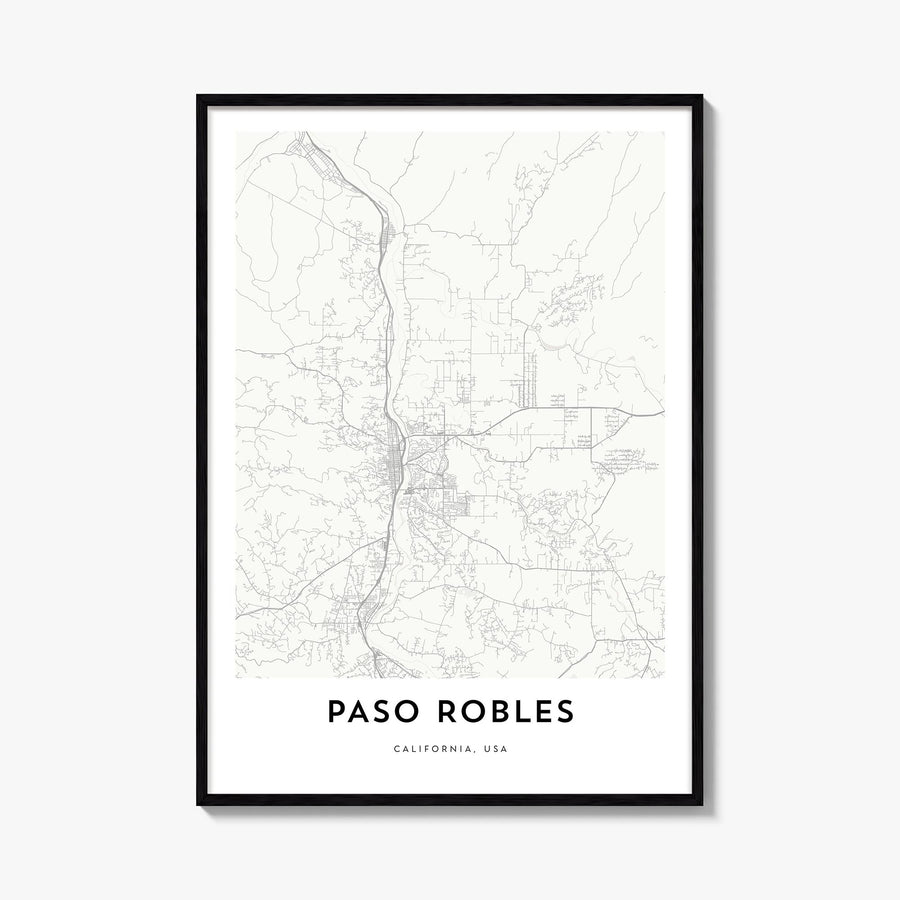Paso Robles black & white map poster of California, USA – vertical wall art, unframed print shown in interior mockup