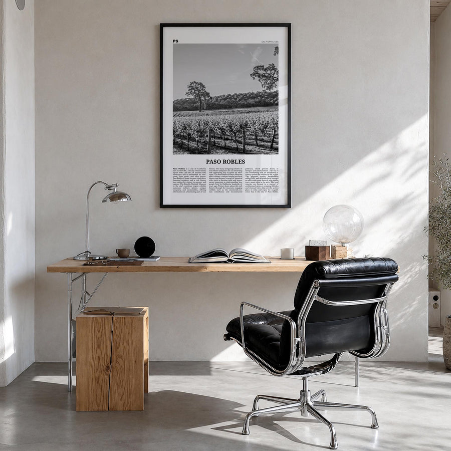 Paso Robles black & white newspaper poster of California, USA – vertical wall art in black wood frame, hanging on wall