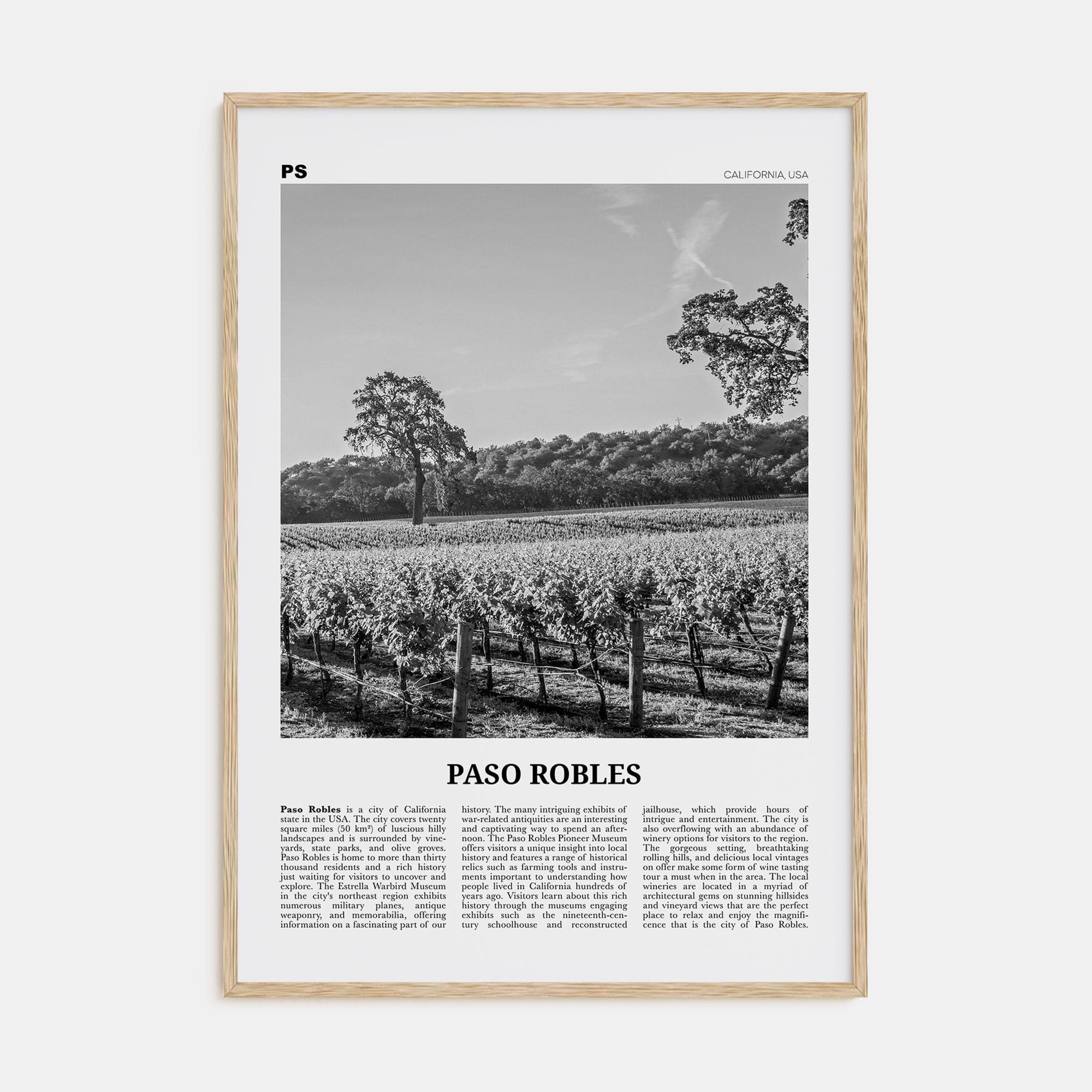 Paso Robles Poster Natural Wood / 8x12 in Nbourhood Travel B&W Poster