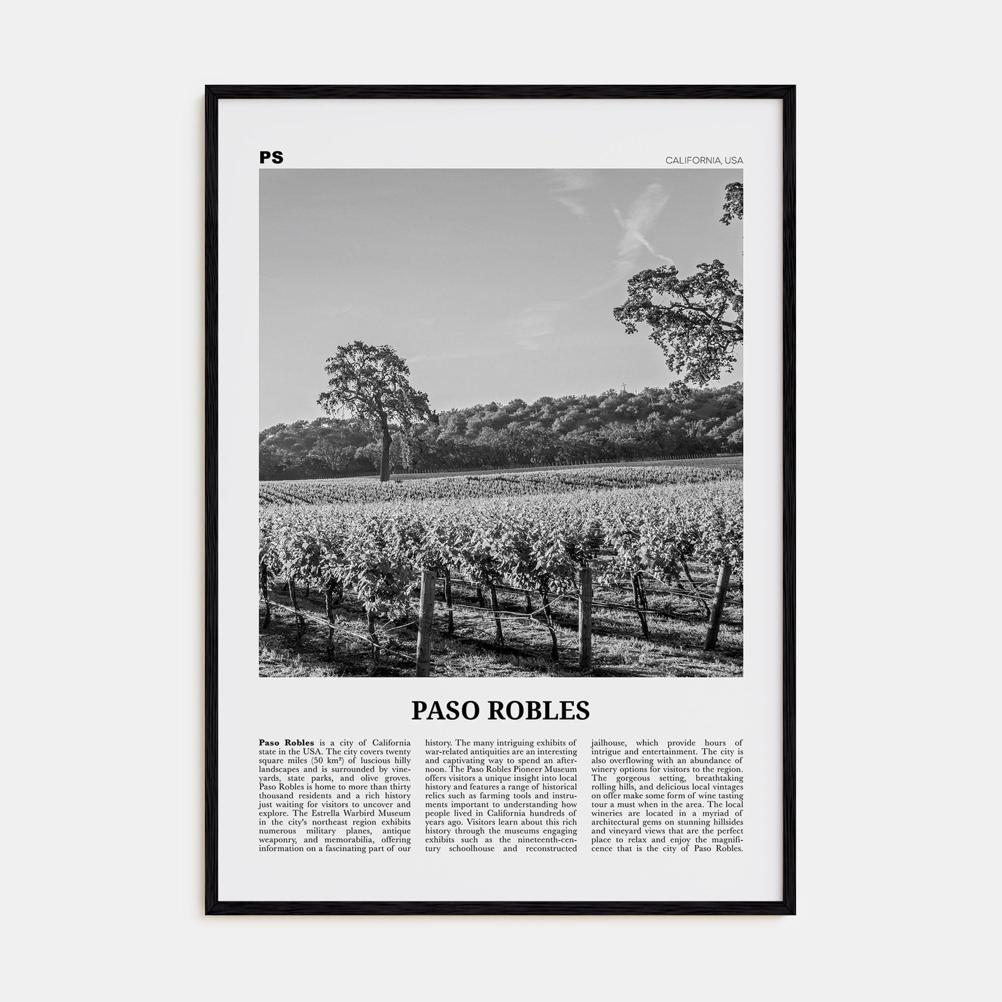 Paso Robles Poster Black Wood / 8x12 in Nbourhood Travel B&W Poster