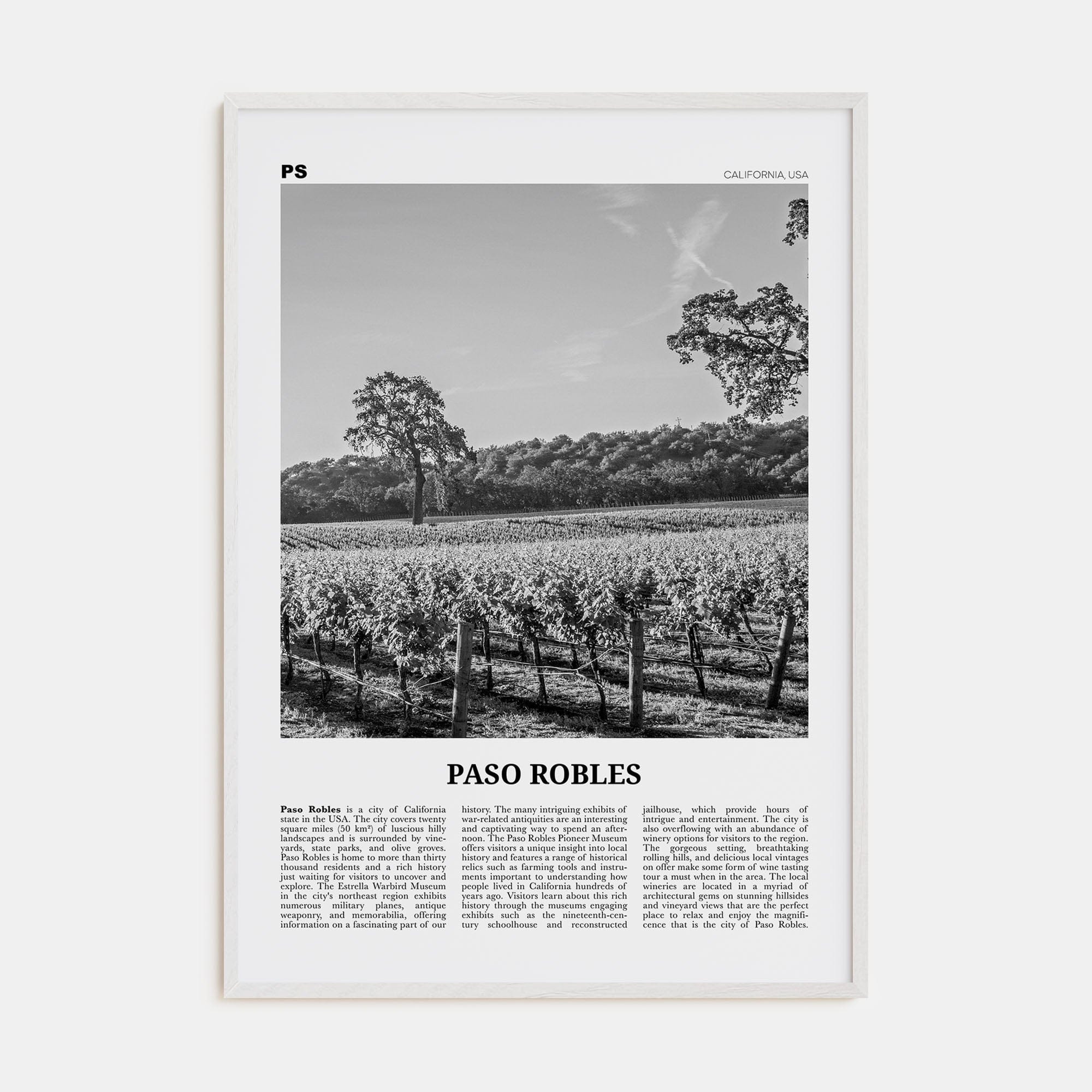 Paso Robles Poster White Wood / 8x12 in Nbourhood Travel B&W Poster