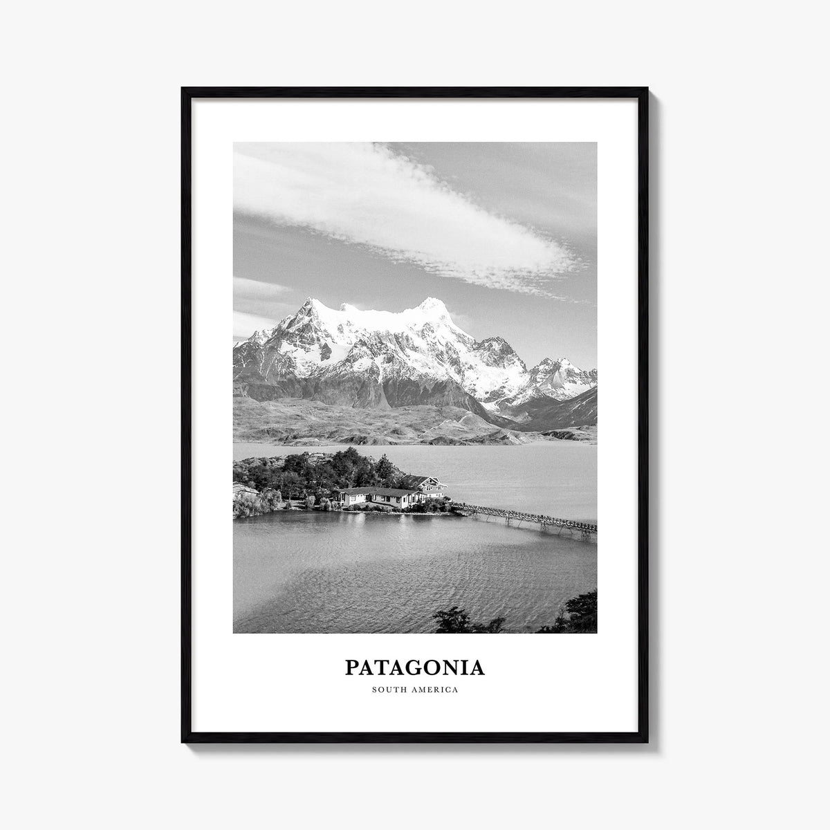 Patagonia black & white classic poster of Argentina & Chile – vertical wall art, unframed print shown in interior mockup