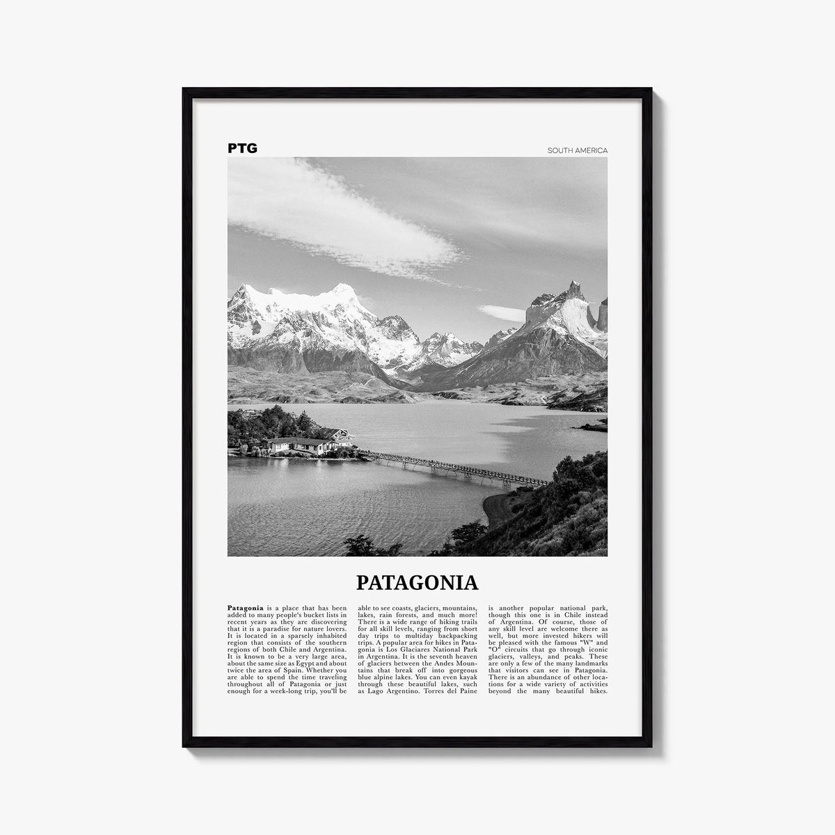 Patagonia black & white newspaper poster of Argentina & Chile – vertical wall art, unframed print shown in interior mockup