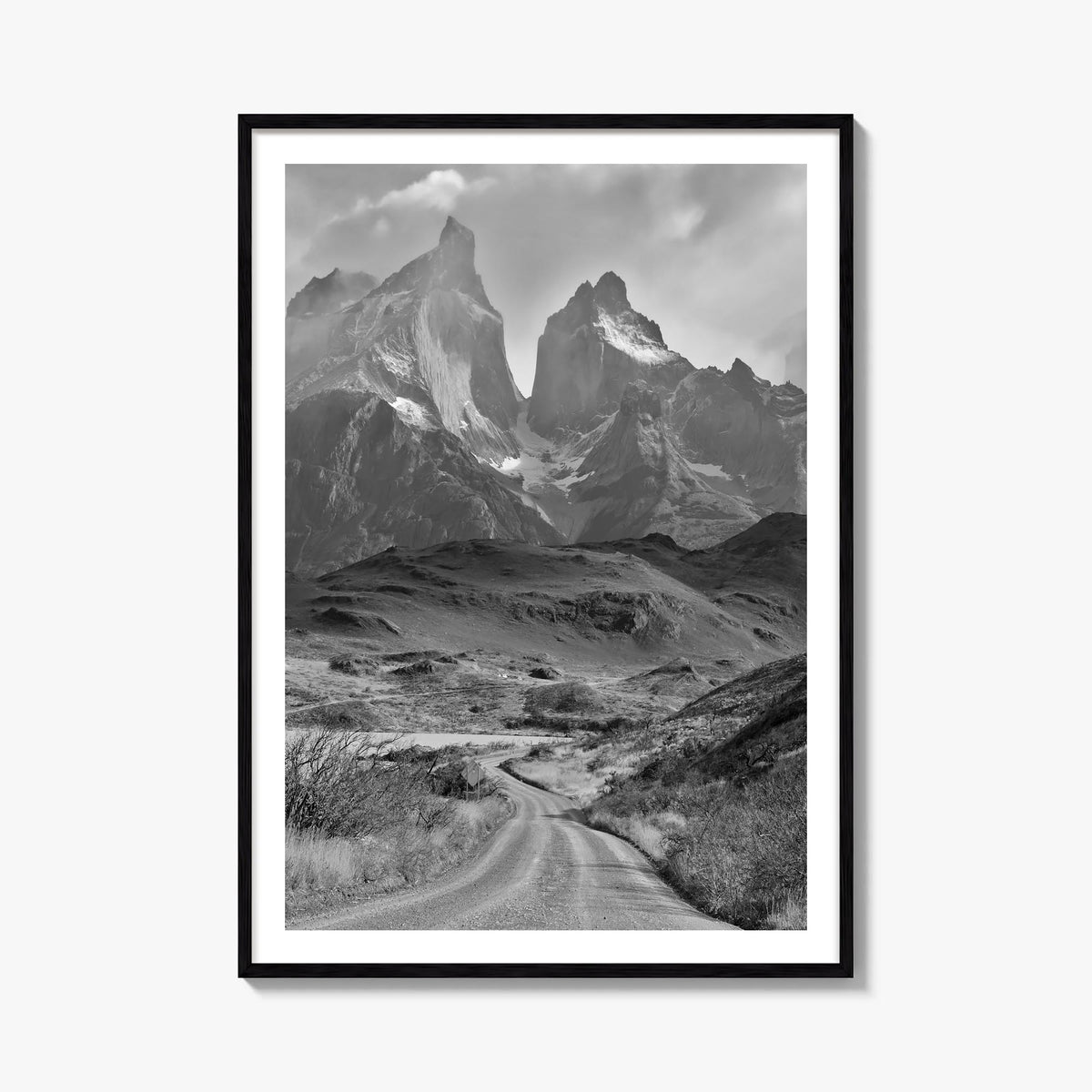 Patagonia black & white photo poster of Argentina & Chile – vertical wall art, unframed print shown in interior mockup