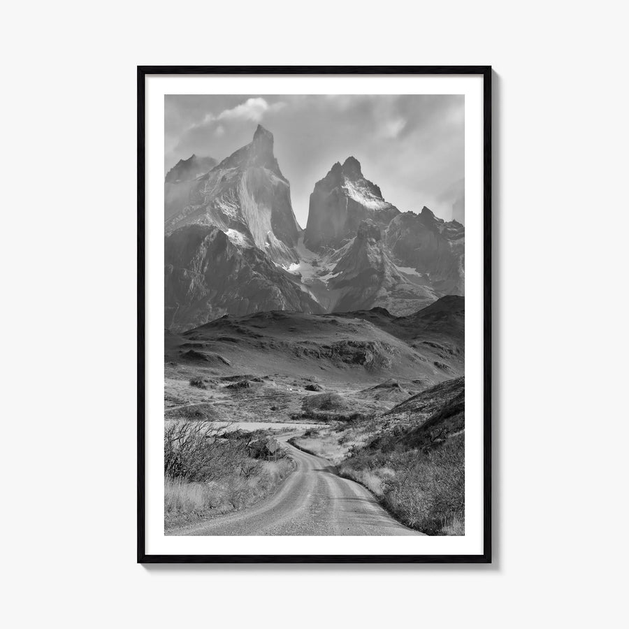 Patagonia black & white photo poster of Argentina & Chile – vertical wall art, unframed print shown in interior mockup