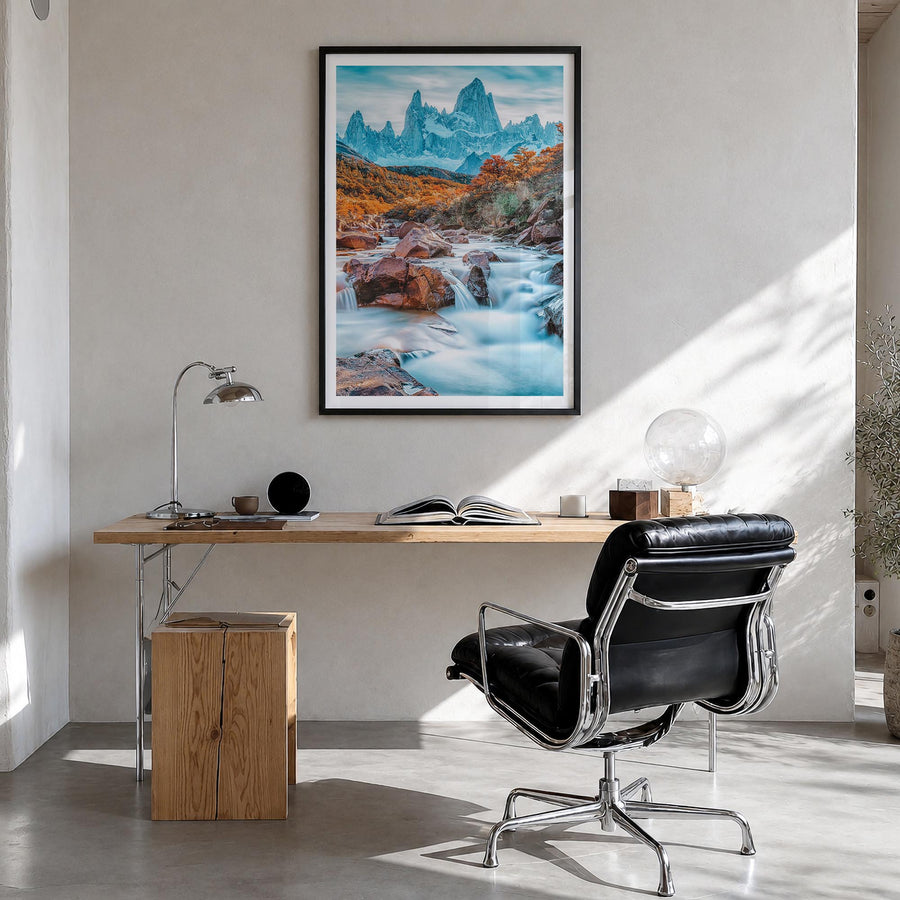 Patagonia colorful photo poster of Argentina & Chile – vertical wall art in black wood frame with white border, hanging on wa