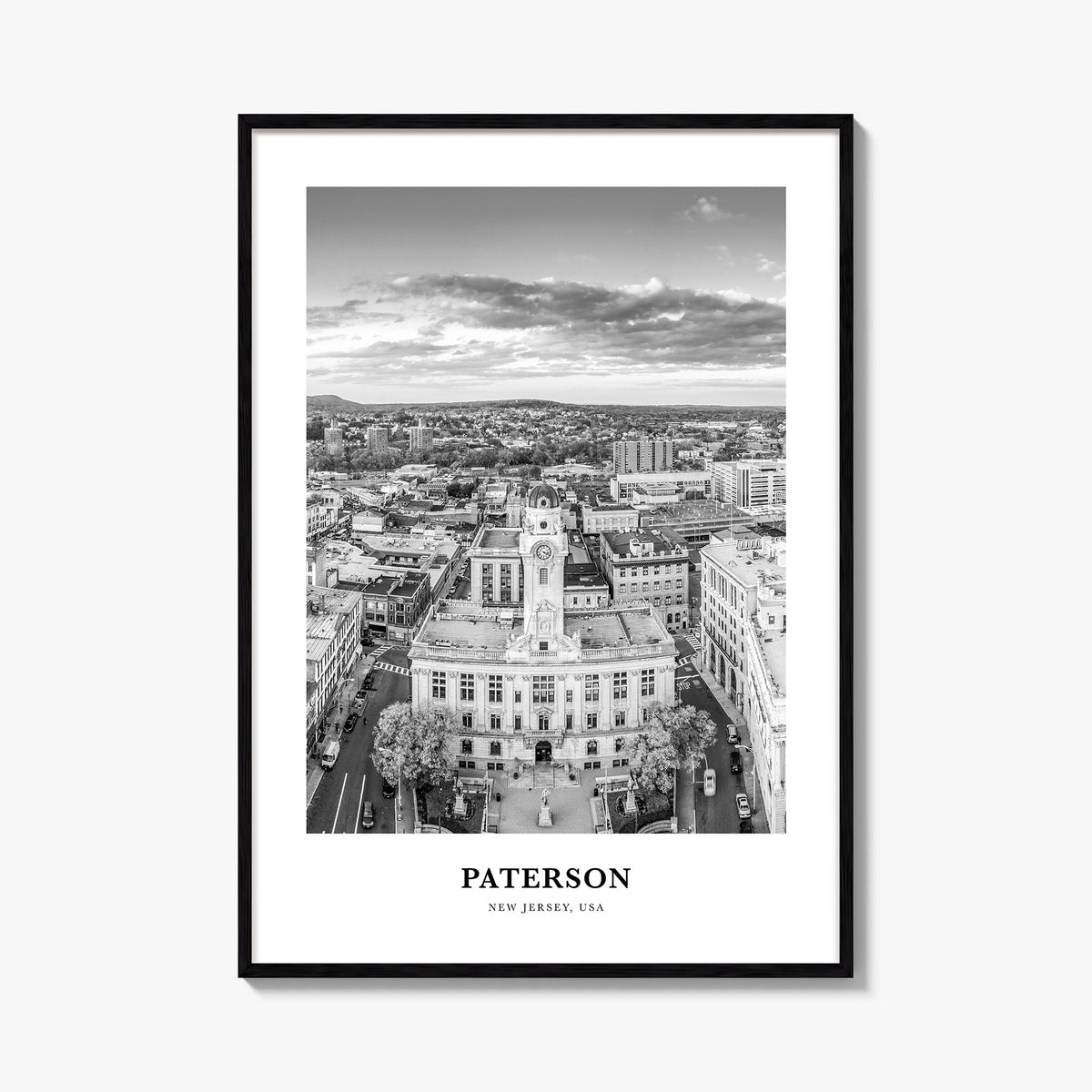 Paterson black & white classic poster of New Jersey, USA – vertical wall art, unframed print shown in interior mockup