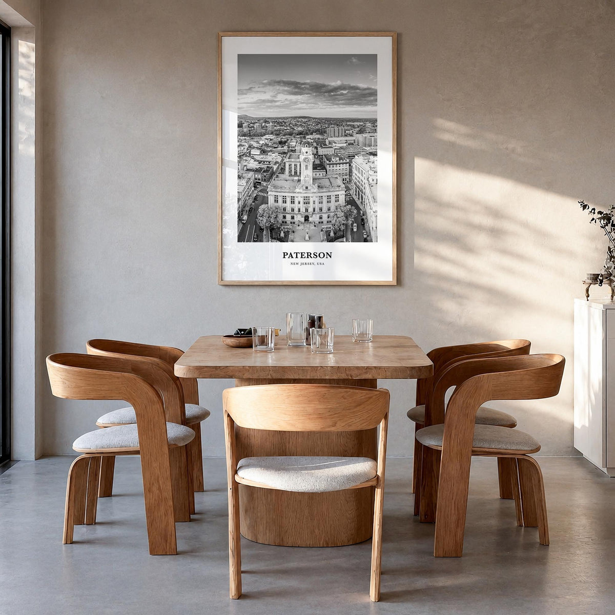 Paterson black & white classic poster of New Jersey, USA – vertical wall art in natural wood frame, hanging on wall