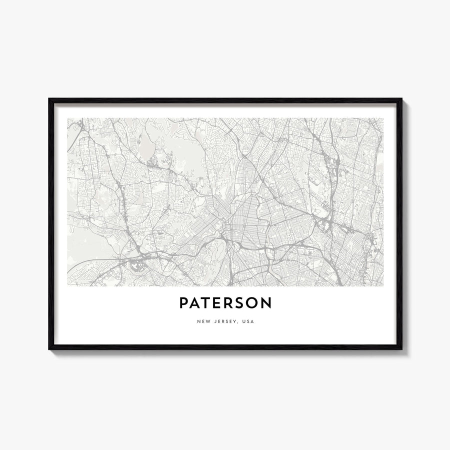 Paterson black & white map poster of New Jersey, USA – horizontal wall art, unframed print shown in interior mockup
