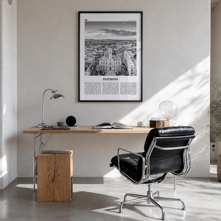 Paterson black & white newspaper poster of New Jersey, USA – vertical wall art in black wood frame, hanging on wall