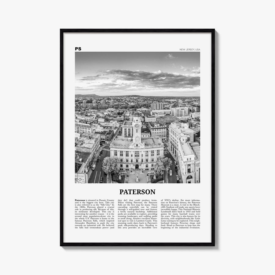 Paterson black & white newspaper poster of New Jersey, USA – vertical wall art, unframed print shown in interior mockup