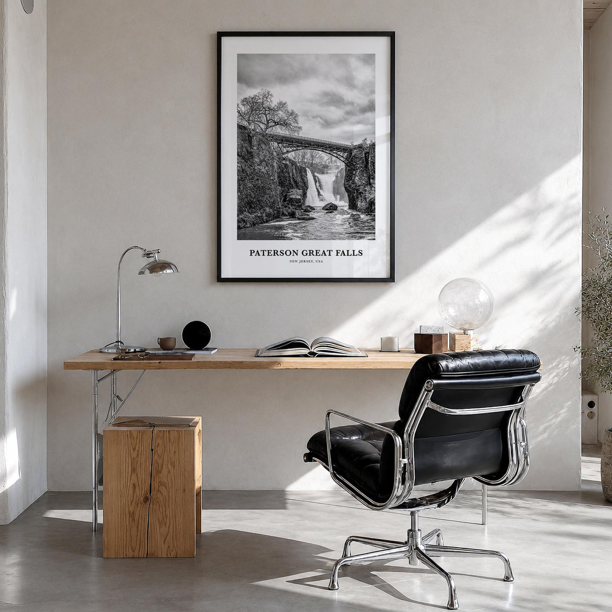 Paterson Great Falls black & white classic poster of New Jersey, USA – vertical wall art in black wood frame, hanging on wall