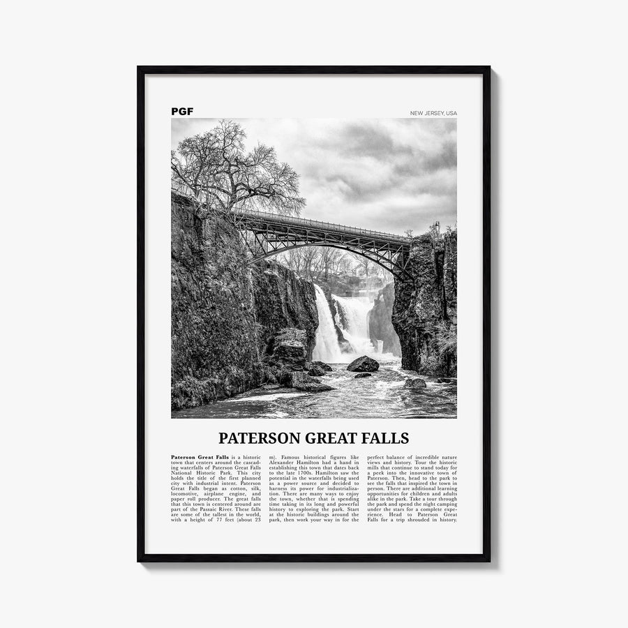 Paterson Great Falls black & white newspaper poster of New Jersey, USA – vertical wall art, unframed print shown in interior 