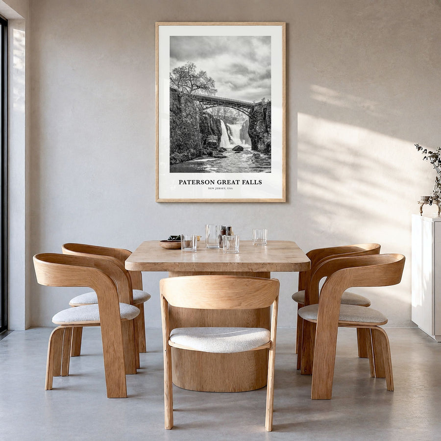 Paterson Great Falls Classic Poster in a natural wood frame, hanging in a dining room