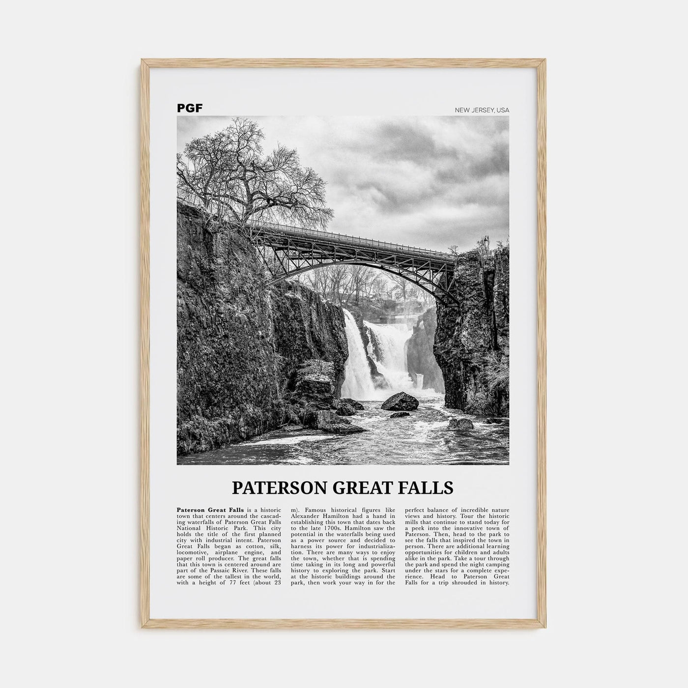 Paterson Great Falls Poster Natural Wood / 8x12 in Nbourhood Travel B&W Poster