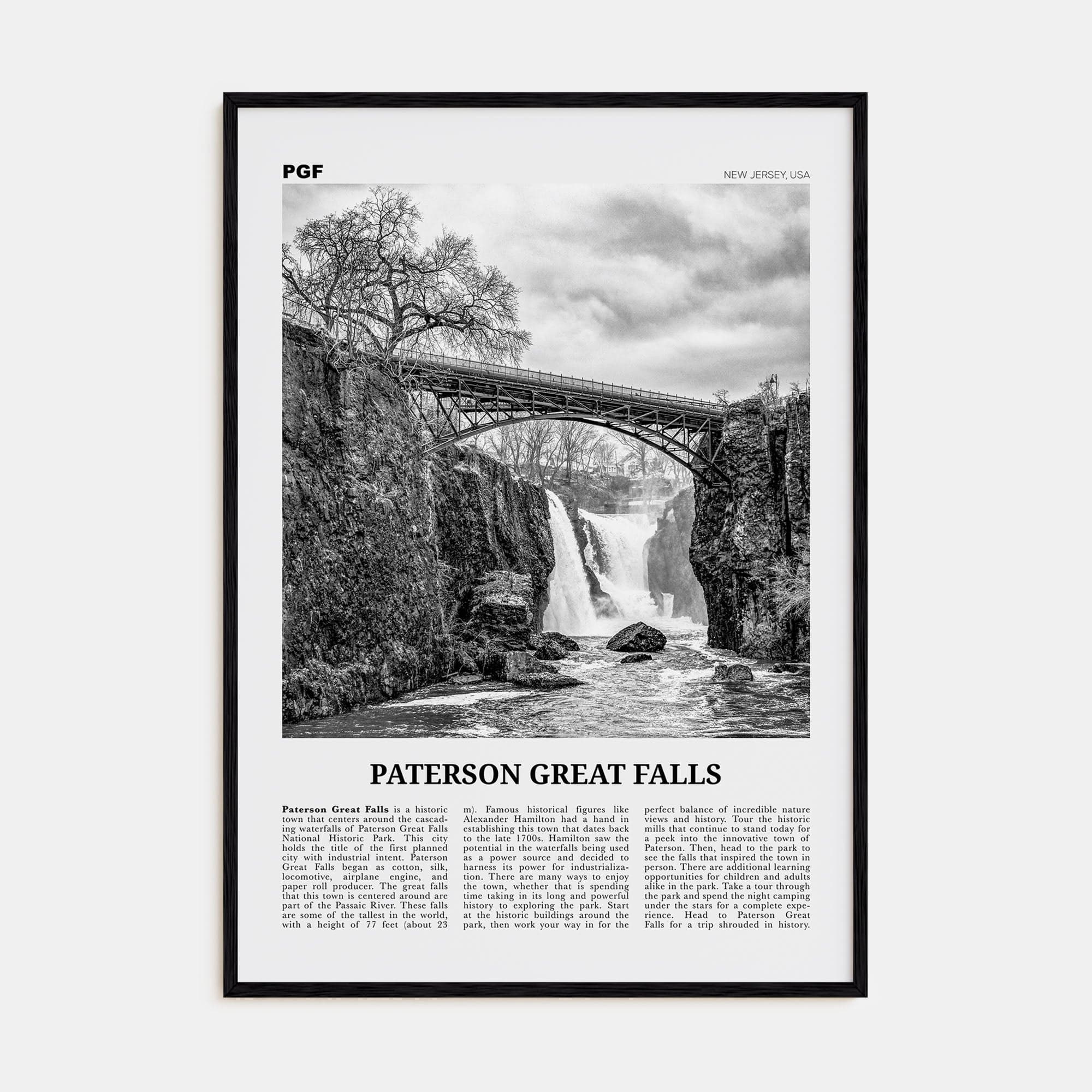 Paterson Great Falls Poster Black Wood / 8x12 in Nbourhood Travel B&W Poster